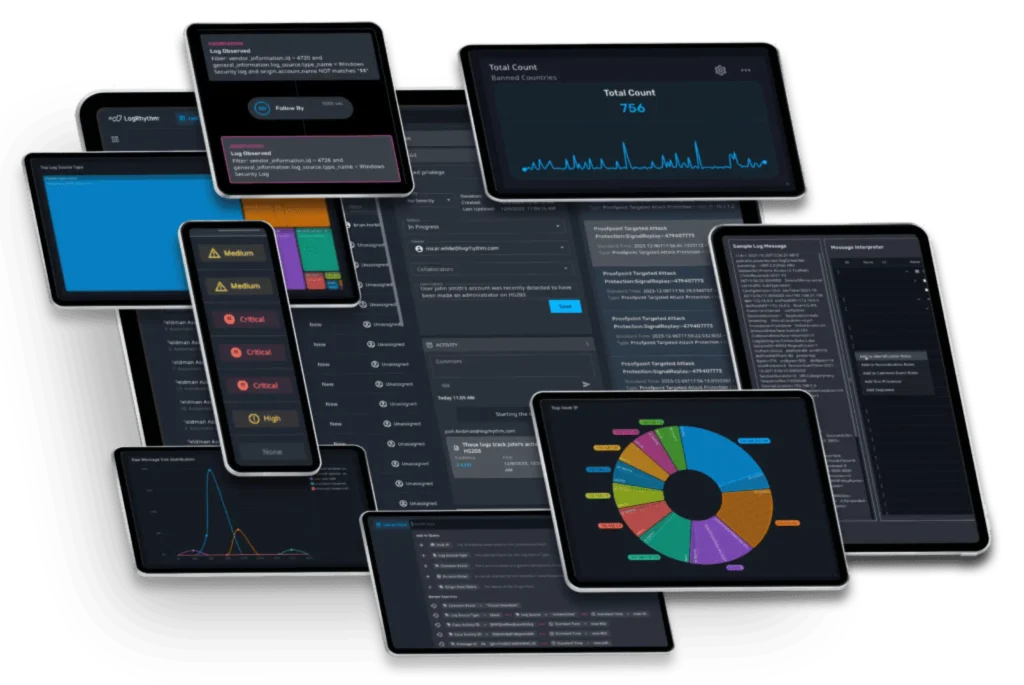 Several tablets and phones displaying diverse graphs and charts.