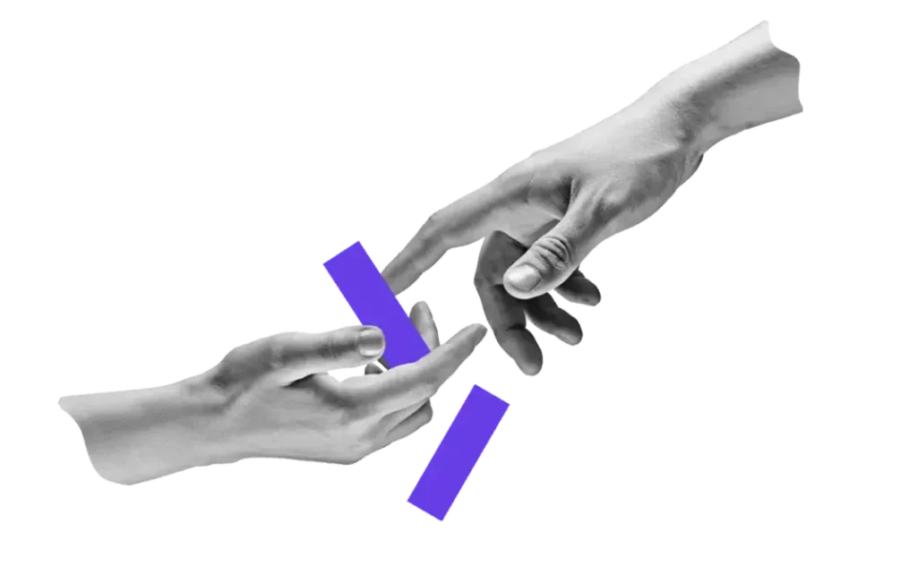 Two hands reaching for each other, one hand holding a purple ribbon.